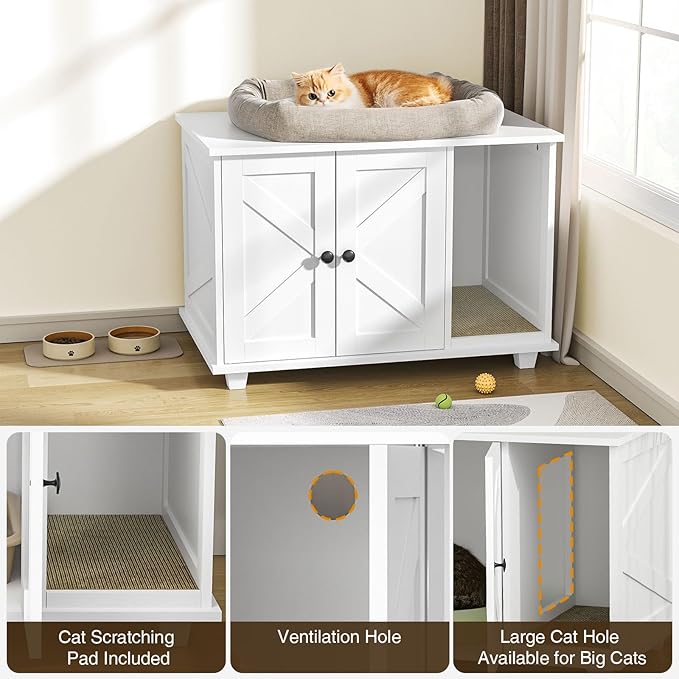 Cat Litter Box Enclosure,Wooden Cat Washroom Furniture with Barn Door, Pet House Hidden Litter Box,Litter Box Furniture Fit Most of Litter Box