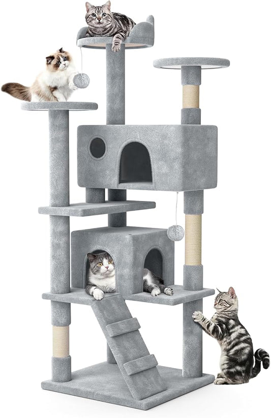 MoNiBloom 60 Inch Cat Tree Tower for Indoor Cats Large Adults, Cat Tower with Scratching Post, Multi-Level Furniture Activity Center with Cat Condo Pet Play House, Light Grey