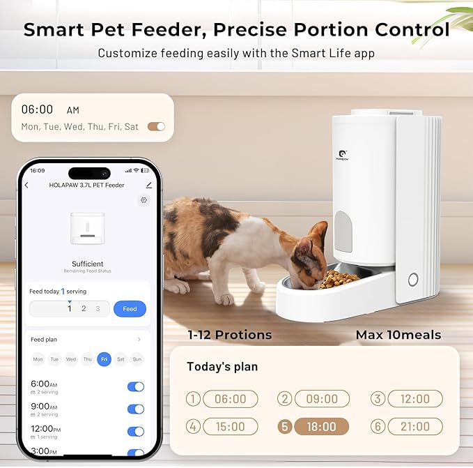 Automatic Cat Feeder - 2.4G WiFi Cat Food Dispenser, 3.7L Timed Pet Feeder with APP Control for Remote Feeding, 1-10 Meals per Day for Small Dog Kitten Indoor, Detachable for Cleaning