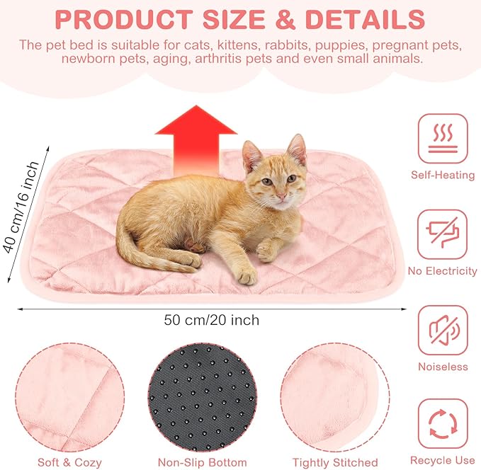 2 Pack Self Heating Cat Mat Self Warming Pet Pads Washable Kennel Mat Dog Crate Pad Reflects Body Heat Non Skid Cat Thermal Pads for Puppy Indoor Outdoor(Pink,16 x 20 Inches)