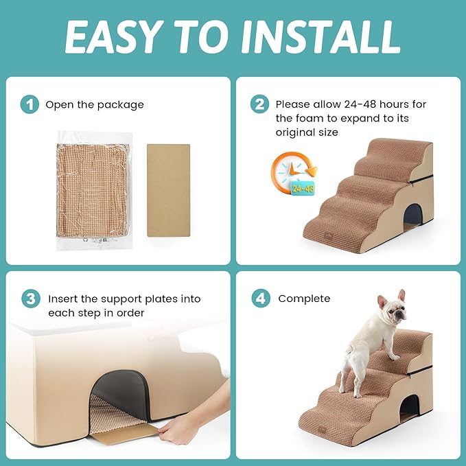 Extra Wide Dog Stairs with Tunnel, Detachable Large Pet Step for Small Medium Dog, Puppy or Cat, Ramp for High Bed, Couch, Sofa or Car, Stable, 19.7x33x22.4 inch, 5 Step, Light Brown