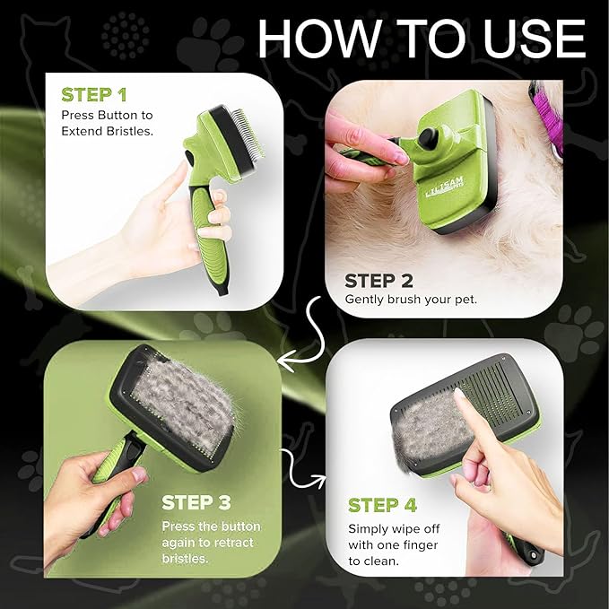 Pet Self Cleaning Slicker Brush and Grooming Comb - Gently Removes Loose Hair, Tangles, and Dirt - Skin Friendly Deshedding Grooming Tool for Hair Dogs & Cats - Pet Supplies Accessories (Green)