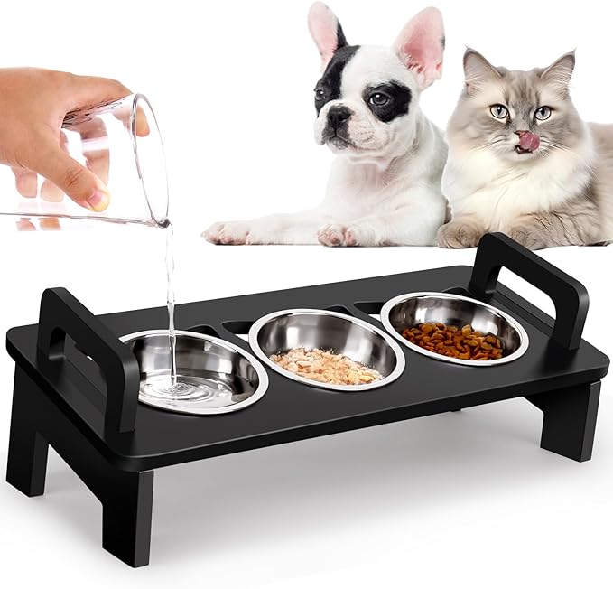 Elevated Cat Food Bowl, 3 Stainless Steel Raised Cat Bowls with Stand, 15°Tilted Cats Bowl for Indoor Cats, Pet Food and Water Bowl Set, Anti Vomitting, Whisker Fatigue and Dishwasher Safe - Black