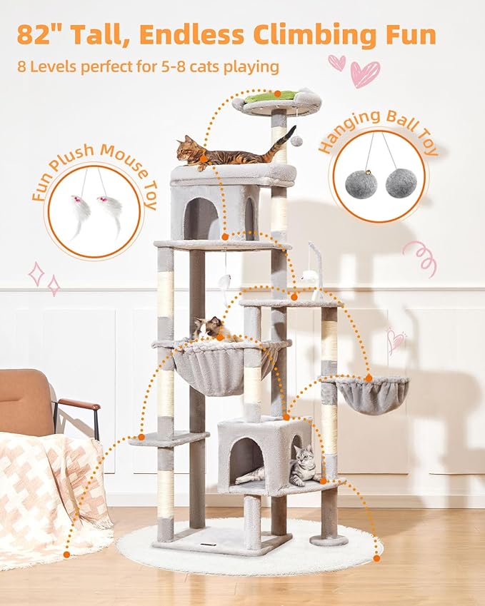 Taoqimiao MS032W 83In Cat Tree for Indoor Cats Large Adult, XXL-Cat Tower, Suitable 20lb+ Heavy Duty Large Cats, 2 Luxurious Cat Cando with 8 Scratching Posts,Oversized Metal Hammocks,Light Gray
