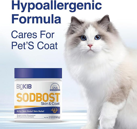 SODBOST Dog Allergy & Itch Relief, Cat Skin & Coat Supplement Powder -SOD Enzyme Skin Relief Formula for Allergy & Itch Relief & Reduces Shedding - Plant-Based, Made in USA - 60 Scoops