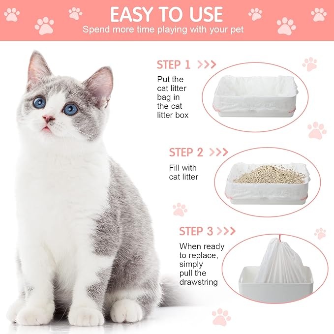 Thenshop 60 Count Jumbo Cat Pan Liners 36'' x 18'' Extra Large Disposable Cat Bags Drawstring Supplies Extra Large Disposable Litter Bags Box Liners for Trash Waste(Pink)