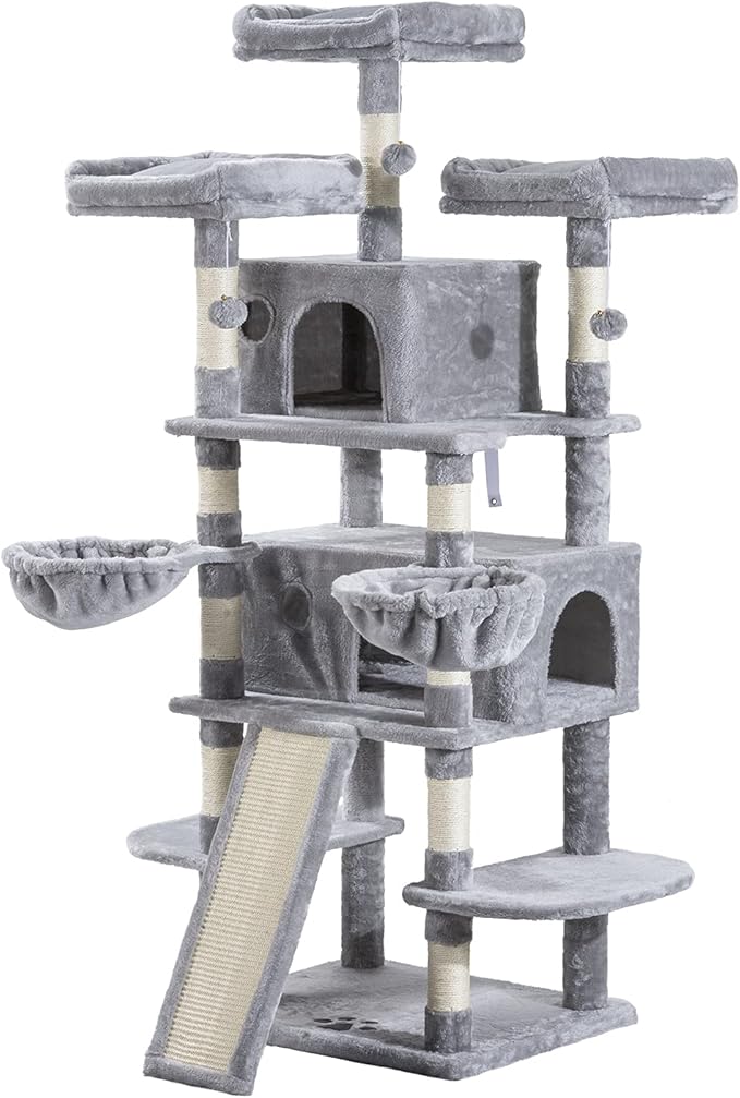 Allewie 68 Inches Cat Tree/House and Towers for Big Feline/Scratching Post/Multi-Level Large Kitty Climbing Tree with Condo/Light Grey