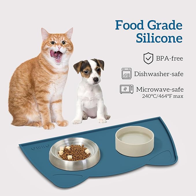 OHMO - Cat Food Mat, Silicone Pet Feeding Mat for Floor Non-Skid Waterproof Dog Water Bowl Tray, Easy to Clean Pet Placemat (Teal, 18 * 9.8'')
