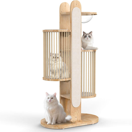Modern Cat Tree Tower for Indoor Cats, 67" Tall Solid Wooden Cat Tower with Scratching Posts, 6 Level Natural Luxury Cat House with Big Bed, Washable Cushions Cat Furniture for Large Cats White