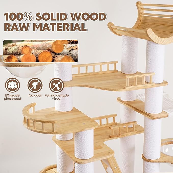 82.6'' Large Maine Coon Cat Tree,Luxury Wooden Cat Tower for Indoor Big Cats Adults 20lbs,XXL Heavy Duty Cat Condo with Big Cat Bed,Hammock,2*Clear Bowl,Platform with Fence,Sisal Ladder,Cat Furniture