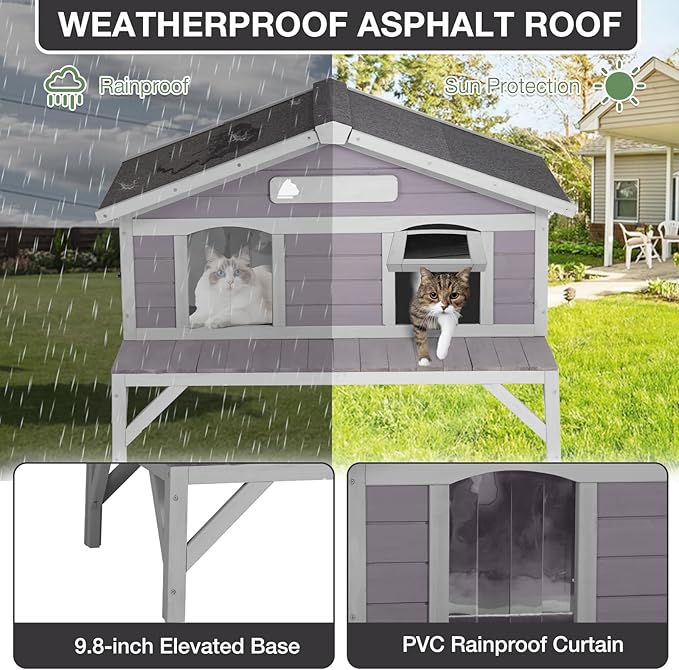 Outdoor Cat House for Feral Cats, Wooden Cat Shelter with Weatherproof Roof and Large Balcony