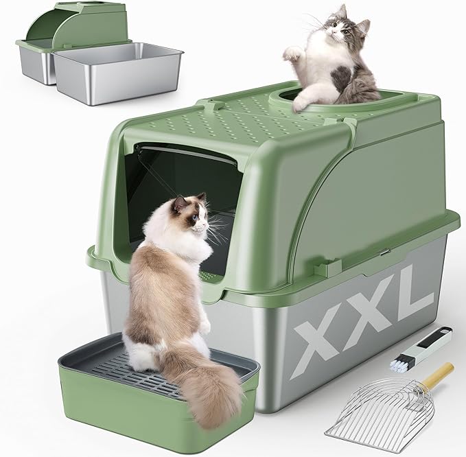 Stainless Steel Litter Box, XXL Large Metal Cat Litter Boxes, Dual Entrance Detachable Litter Box with Lid, 16.6'' High Wall Urine Leak Prevention with Cat Litter Scoop (Green)
