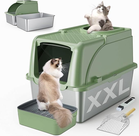 Stainless Steel Litter Box, XXL Large Metal Cat Litter Boxes, Dual Entrance Detachable Litter Box with Lid, 16.6'' High Wall Urine Leak Prevention with Cat Litter Scoop (Green)