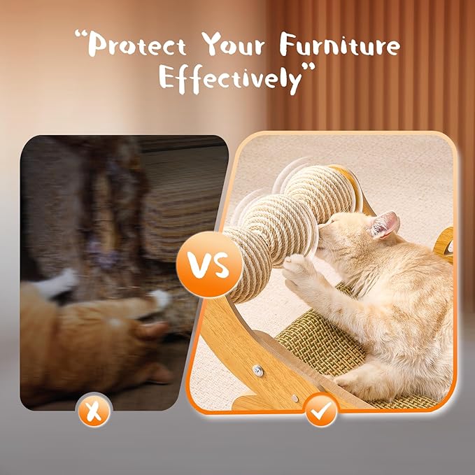 Cat Scratcher & Cats Scratch Pad with Sisal Ball – All-in-One Cats Couch Scratcher, Hammock, and Cat Bed for Indoor Cats, Wooden Cat Scratching Board Upgrade Edition