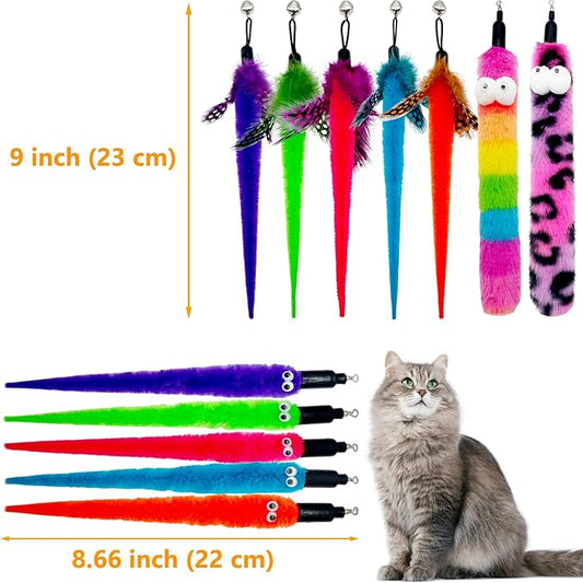Cat Wand Replacement Feather Worm, 12 Pieces Cat Wand Attachments Assorted Worms Feathers Refill Toy for Indoor Cats