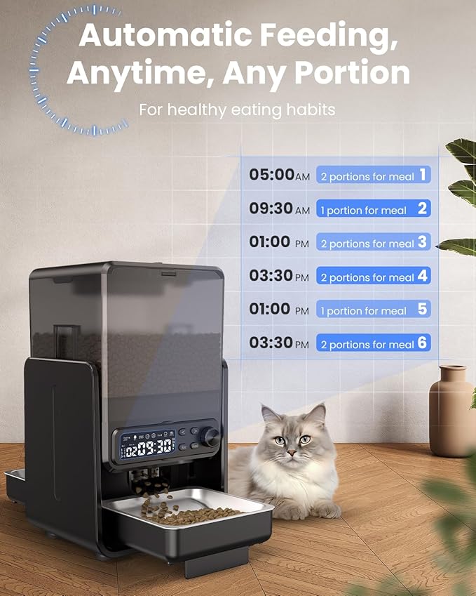 Automatic Cat Feeder for 2 Cats, 5L/20 Cups Food Dispenser with Adjustable Raised Double Bowls, Detachable Control Panel, Timed Cat and Dogs Feeder for Dry Food, Dual Power Supply