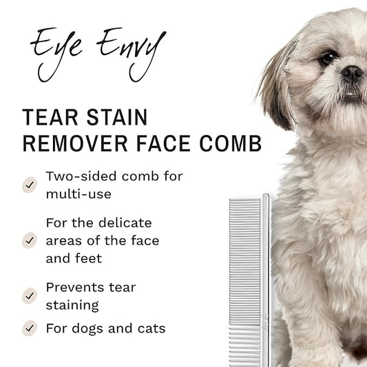 Eye Envy Tear Stain Remover Comb for Dogs and Cats. Fine/Coarse with 80 Rounded Pins. Gently Remove Crusty Eye Debris, Gunk and Boogers. Face and Feet Comb. Remove Tangles