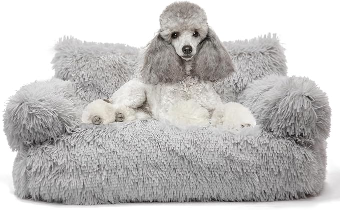 Cat Couch Bed for Indoor Cats, Calming Pet Sofa Puppy Sleeping Bed with Removable Washable Cover, Cute Dog Couch and Kitty Lounge Chair for 18lbs Cat & Small Dog(Plush Gray)