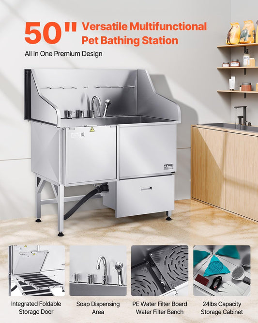 VEVOR Professional 304 Stainless Steel Dog Bathing Station, 50 inch Pet Grooming Tub w/Anti-Slip ramp, Storage Drawer, Cold Hot Faucet Showerhead, for Large & Medium & Small (Left Door, with Drawer)