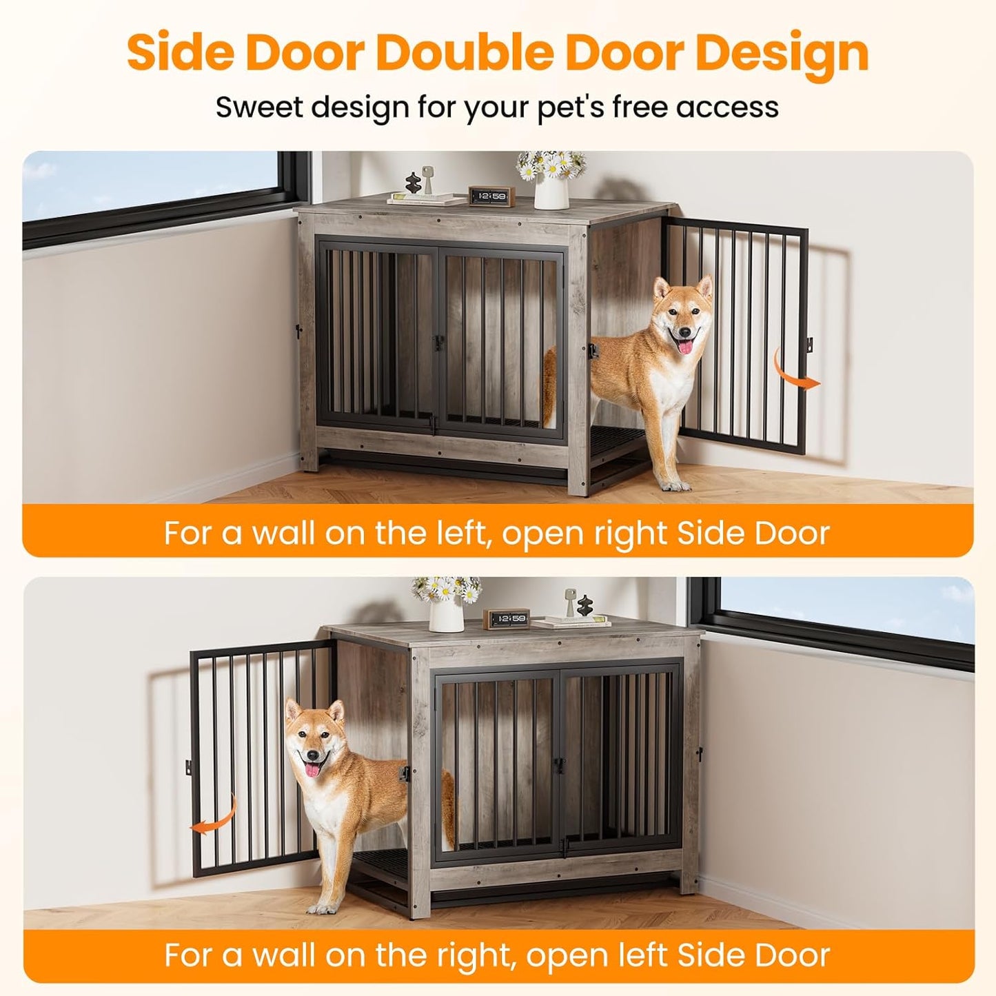 Dog Crate Furniture, Dog Crate End Table for Medium and Large Dogs,Wooden Cage Kennel Furniture Indoor, Modern Dog Crate with Multi-Purpose Removable Tray, Double-Doors Dog Furniture