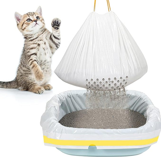 Jutom Sifting Litter Box Liners 28 Count, Drawstring Jumbo Sifting Cat Litter Bags with Holes, 31 x 18 Inch Portable Thick Scratch Resistant Drawstring Bags for Pet Cats