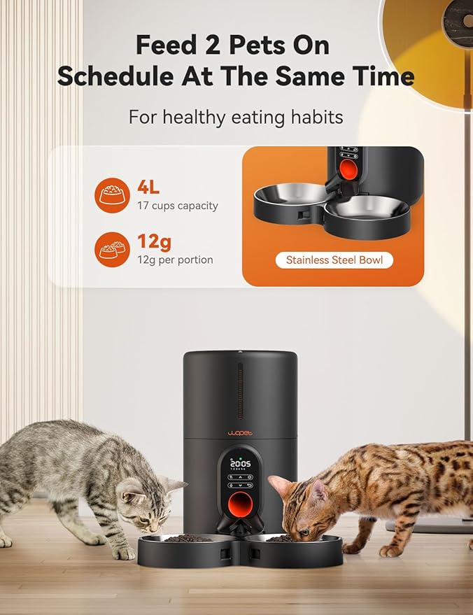 WOPET Automatic Cat Feeders 2 Cats-Timed Cat Feeder with Stainless Steel Bowl, Programmable 1-6 Meals Control, Dual Power Supply Auto Pet Feeder for Cats and Dogs