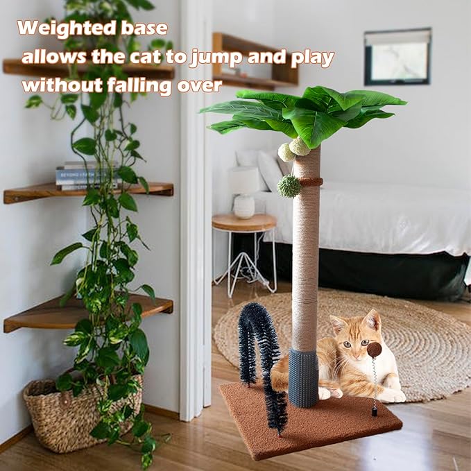 Cat Scratching Posts with Self Groomer,29.5 Inch Tall Cat Scratcher Post Sisal Heavy Duty Kitty Scratch Tree and Hanging Balls Cute Kitten Palm Tree with Arch Grooming Brush for Kitties