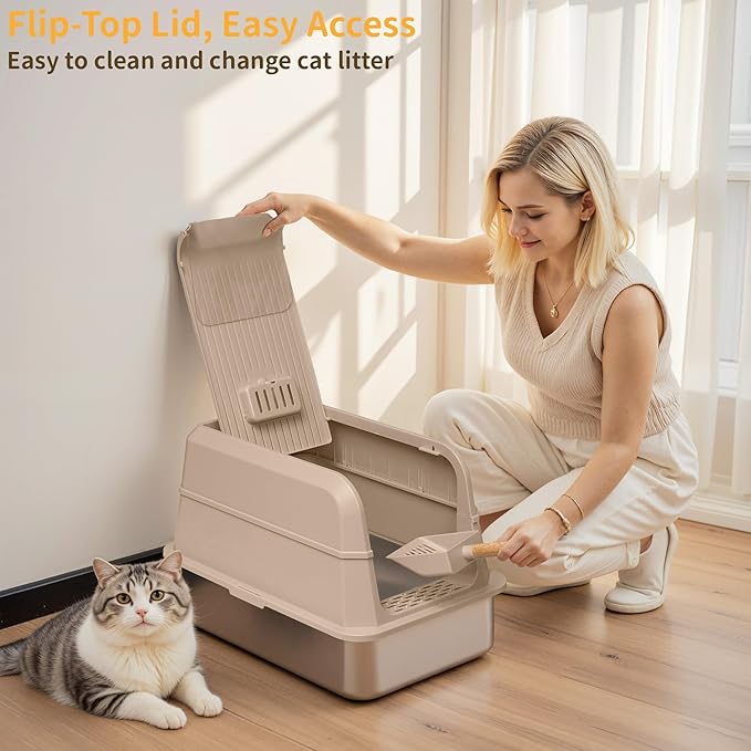 Stainless Steel Litter Box with Lid, XL Extra Large Cat Litter Box, Enclosed Metal Litter Pan with High Sided Enclosure & Scoop, Anti Leakage, Easy to Clean, Odor Control(Khaki)