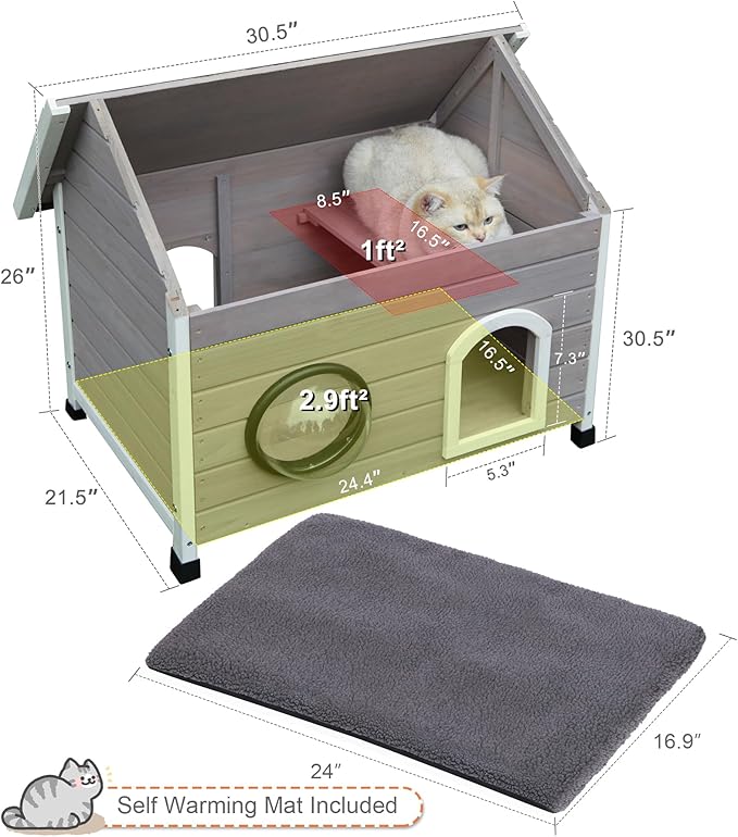 Rockever Outdoor Cat House, Feral Cat House Outdoor Weatherproof with Escape Door and Clear Windows for 2 Cats(with Self Warming Mat)