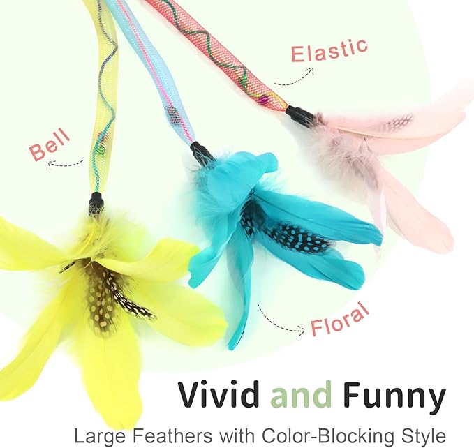 SONGWAY Cat Rainbow Wand Toy - Rainbow Cat Feather Toys with Bells, Colorful Mesh Teaser Wand with Feather Tail, Interactive Toys for Indoor Cats Kittens, Light Color