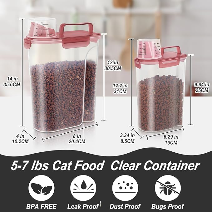 Dog Food Storage Container, Upgraded Large Nozzle BPA-free, 8-12 LBS Plastic Pet Food Storage Containers, With 4 Sealed Clasps, 1 Measuring Cup and Handle (2, Clear Pink, (3L+5L))