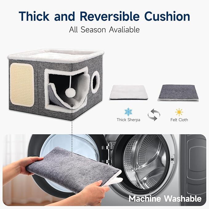 Cat Beds for Indoor Cats, Large Cat Cave with Cozy Condo, Fluffy Hanging Ball, Round Window, Foldable Indoor Cat House Hold Up to 30LBS, Cat Hideaway with Double-Sided Soft Cushions for All Seasons