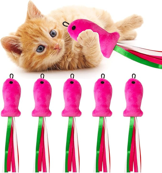 Cat Toys Pink Fish, 5PCS Catnip Toys for Cats, Flopping Cat Fish Toy Filled Soft Plush, Cat Feather Wand Accessories with Ribbons, Interactive Cat Toys for Indoor Cats Kitten Play Exercise Chew