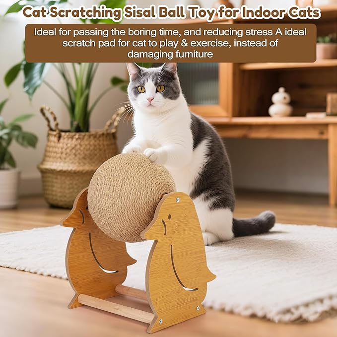 Outamateur Cat Scratching Ball Toy, Sisal Scratching Ball with Cute Stable Stand, Interactive Play and Exercise Toy for Kittens, Cats, Small Pets (Penguin)