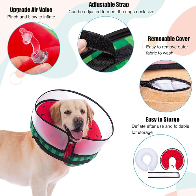 Inflatable Dog Cone Collar with Enhanced Anti-Licking, Soft Neck Donut for Dogs Cats, Recovery Pet Cone Collar After Surgery for Large Medium Small Dogs… (Watermelon, Medium)