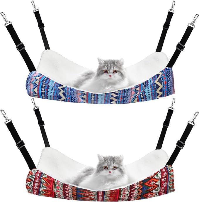 2 Pieces Reversible Cat Hanging Hammock Soft Breathable Pet Cage Hammock with Adjustable Straps and Metal Hooks Double Sided Hanging Bed for Small Dogs Rabbits(Ethnic Pattern,M)