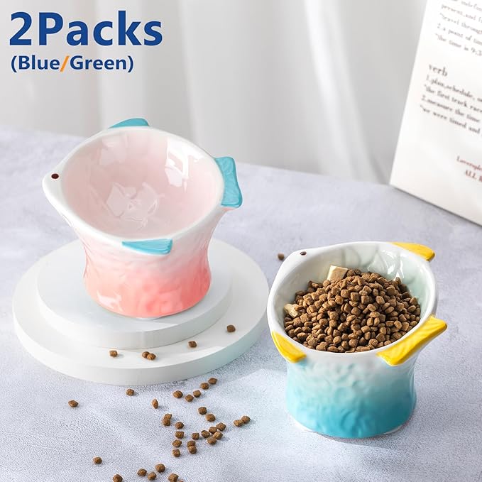 Tioncy 2 Pcs Raised Tilted Ceramic Cat Food Bowl Fish Shape Cute Elevated Slanted Shallow Angled Cat Dish Non Slip Feeder Bowl for Anti-Vomiting and Whisker Fatigue(Green, Pink)