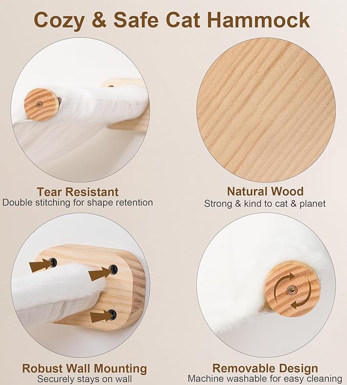 Cat Stairs Hammock Set of 3 – Cat Wall Shelves with 1 Floating Fabric Hammock, 2 Wall Ladders with 4 Steps Each