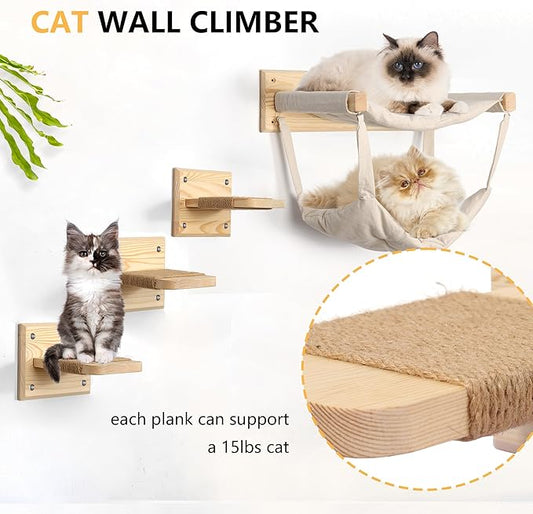 Luxury Wooden Cat Furniture with Double Hammock & Steps | Stylish Modern Hammock | Multi-Level Wall Furniture with Sisal | Premium cat Bed | cat Shelves for Wall | Wall Mounted cat Furniture