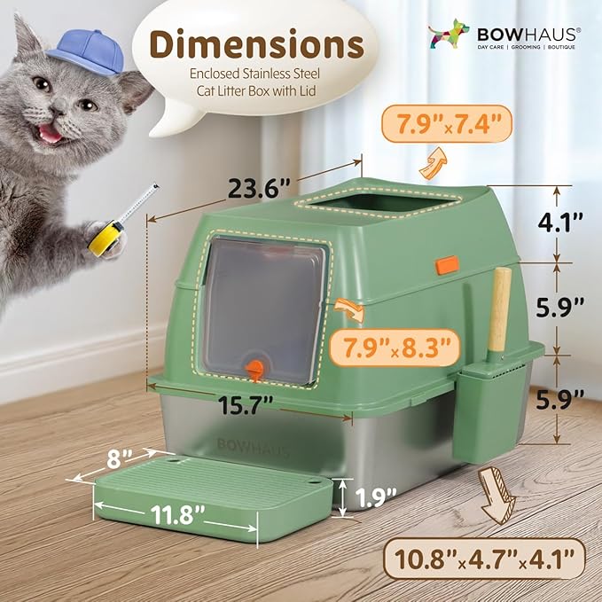 XL 3 in 1 Enclosed Extra Large Metal Litter Box w/Lid, Stainless Steel Cat Litter Box, Odorless Steel Litter Pan, Anti-Leakage & Easy Clean, High Sided Metal Litter Box w/Scoop, Green