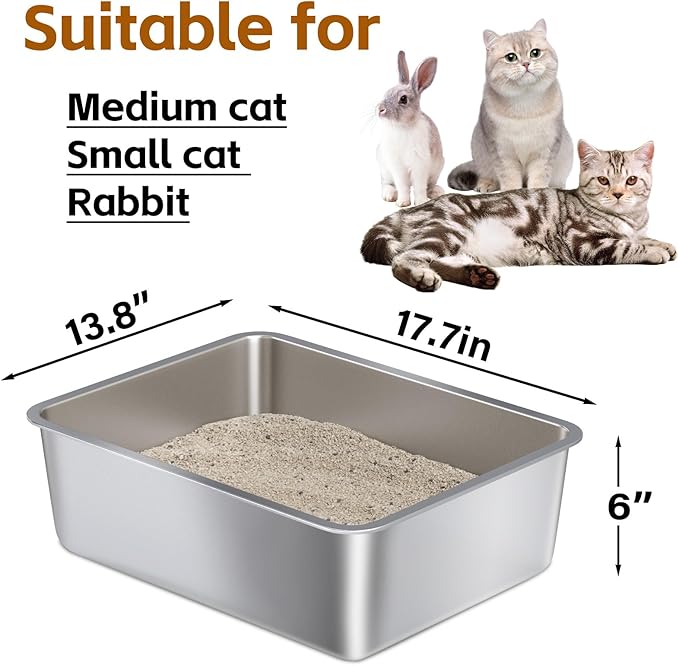 Stainless Steel Litter Box -Metal Cat Litter Box,Cat LitterBox 6" High Sided for Kitty/Kitten/Rabbit/Puppy (2 Pack),Metal Tray/Catlitter Pan Odor-Proof & Non-Stick Easy Clean.