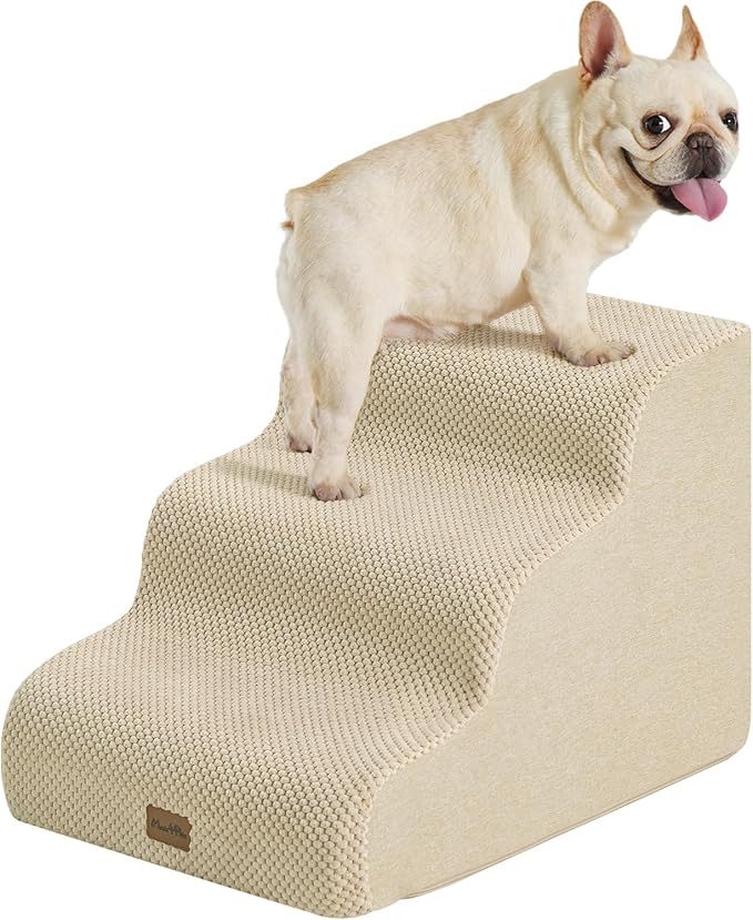 Made4Pets Dog Stairs Ramp for Small Dogs, 3-Step Dog Steps for Bed Couch Sofa and Chair, 35D Foam Pet Steps for Small Dogs and Cats, Non-Slip Bottom Pet Stairs, Beige