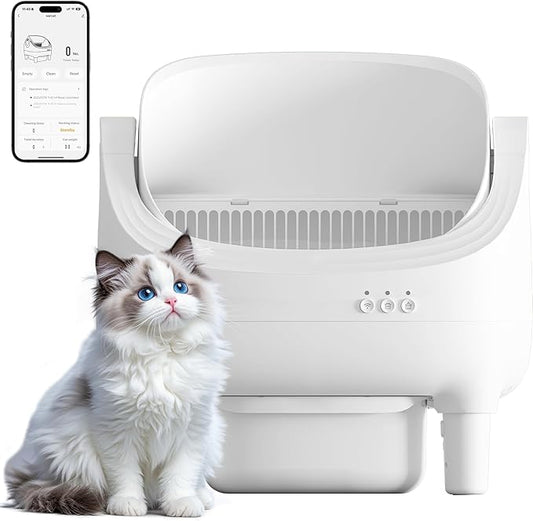 Greesum Automatic Self-Cleaning Litter Box for Cats - Open-Top Design, Easy Odor Control, Smart APP Control, 15L Large Waste Bin, Includes Trash Bags & Mat (White)