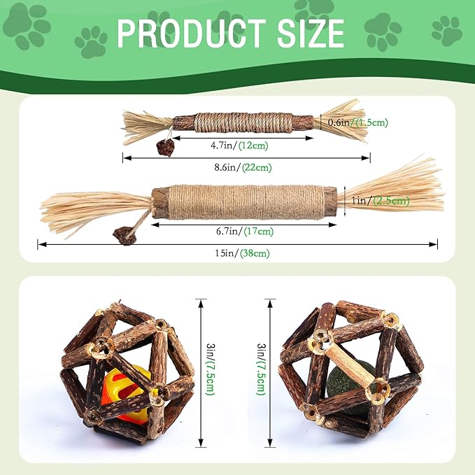 Cat Chew Toys, 4-Pack Silver Vine Cat Toys, Natural Silver Vine Sticks for Cats, Natural Silver Vine Stick Cage Cat Bell Balls for Cleaning Teeth, Increase Appetite, Suitable for Indoor Cats