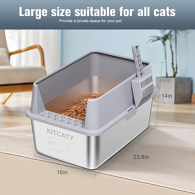 Stainless Steel Sifting Litter Box, for Pine Wood Pellet Cat Litter, XXL Metal Cat Litter Boxs with Lid, 23.6''X15.7''X14'' High-Sided Litter Box,Leak-Proof,Easy to Clean, with Scoop, Urine Pad, Liner