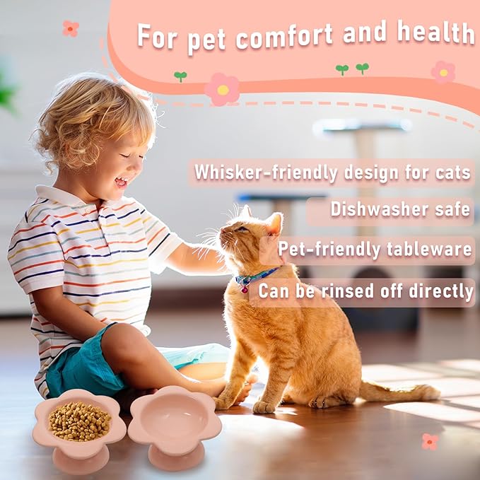 2 Pcs Ceramic Raised Cat Bowls Flower Raised Cat Food Bowls 7 oz Tilted Elevated Cat Food Bowl Cat Dishes for Anti Vomiting Protecting Spine Pet Feeder Bowl Water Bowl for Cat Kitten (Pink)