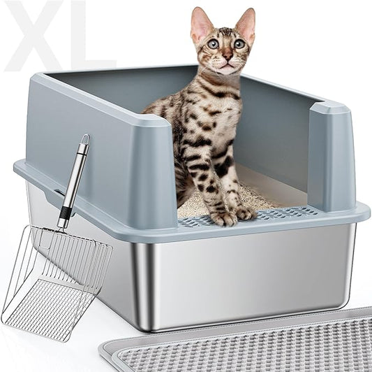 XL Stainless Steel Litter Box, Large Metal Cat Litter Box with High Sided for Big Cats, Enclosed Litter Boxes with Lid, Easy-Clean Cat Litter Mat & Scoop Kit, Non Sticky, Anti-Urine Leakage