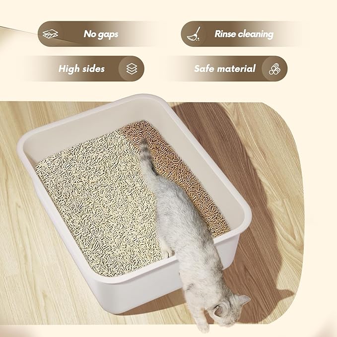 Stainless Steel Cat Litter Box - Metal High Sided Cat Pan, Large Khaki Gray Stainless Steel Box, Indoor Litter Tray, Non Stick, No Smell, Easy to Clean, Pet Toilet Supplies for Kitten, Kitty, Rabbit