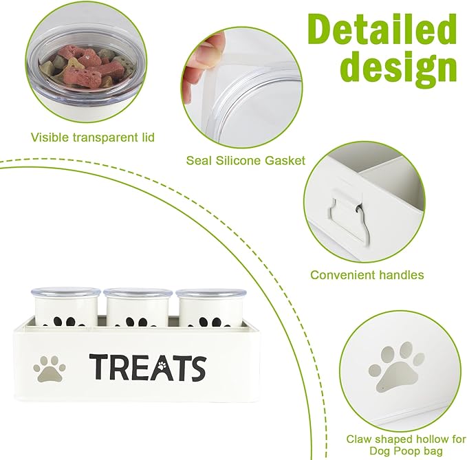 28oz Metal Dog Treat Container Set of 3,Dog Treat Jars with Airtight Lids,Cat Treat Jar,Dog Treat Canister for Countertop,Coated Galvanized Steel Dog Treats Station-White