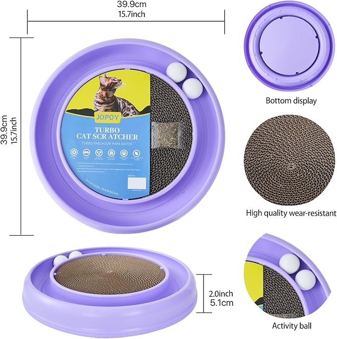 Interactive Cat Scratcher with Two Rotating Balls,Durable Scratch Pad for Indoor Play,Cardboard Cat Scratcher Pad with Cat Toy Ball Track and Catnip,2-in-1 Cat Toy (Purple)